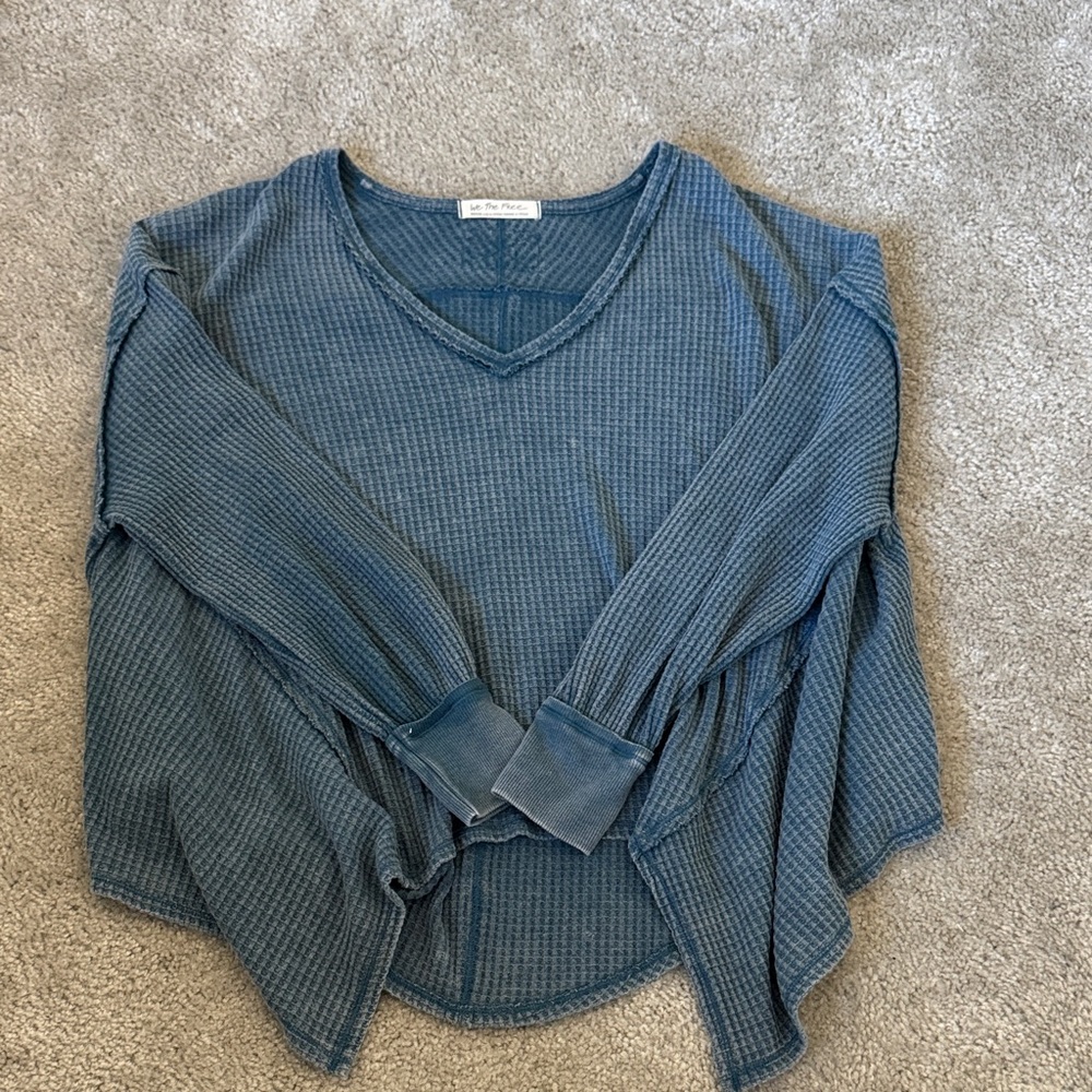 We The Free Denim Blue Waffle Knit V-Neck Top